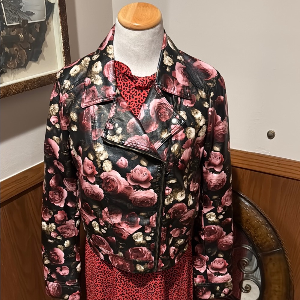 Elle Black and Pink Leather Jacket Bold Floral Design